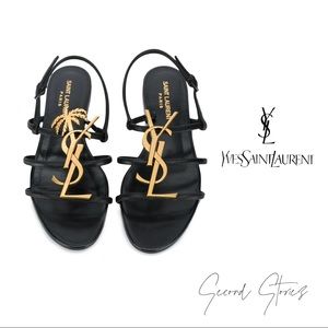 YSL logo flat black sandals